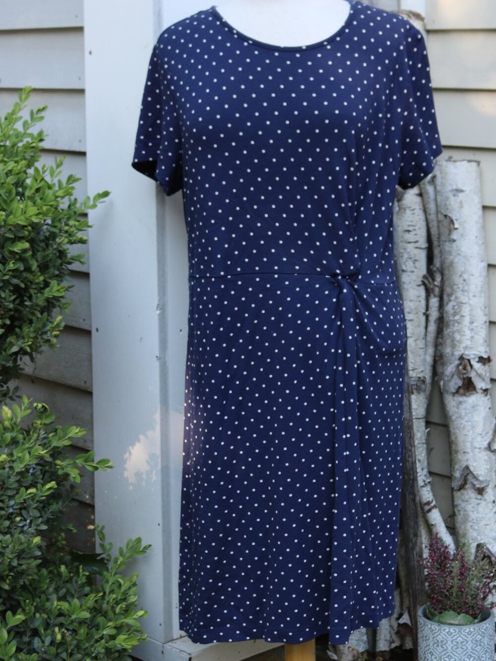 Old Navy Blue White Polka Dot Faux Wrap Knit Short Sleeve T-Shirt Dress  XL